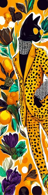 Black cat bookmarks with a cat in an orange suit leaning stylishly